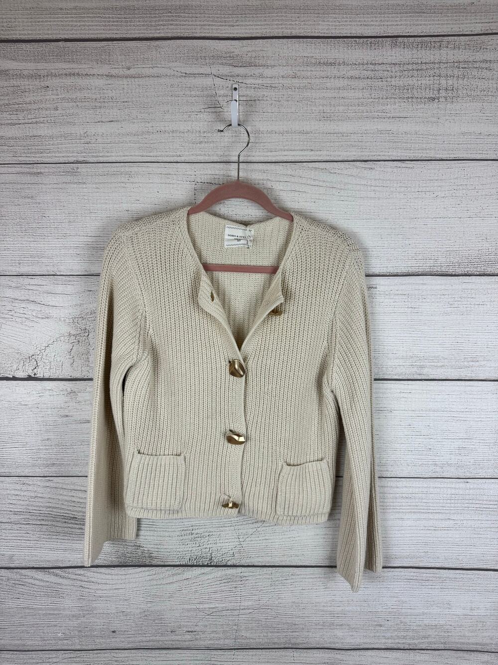 Soho & Stella Women's Cream Knit Gold Button Front Sweater Cardigan Size XS